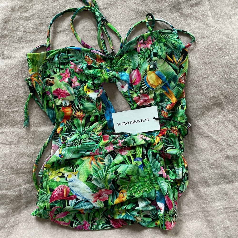 WeWoreWhat Mesh Strappy Birds of Paradise Maxi Dress - Palm Green / Size L